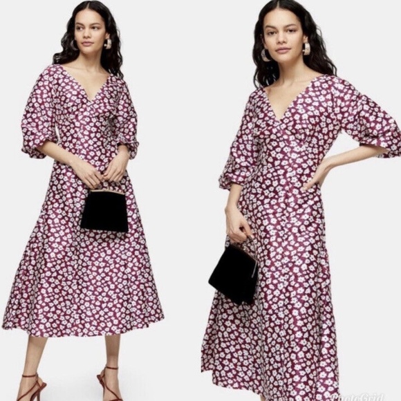 NWT TOPSHOP | Daisy Print Puff Sleeve Tie Back Midi Dress In Red Multi | Size 6 - Picture 1 of 12